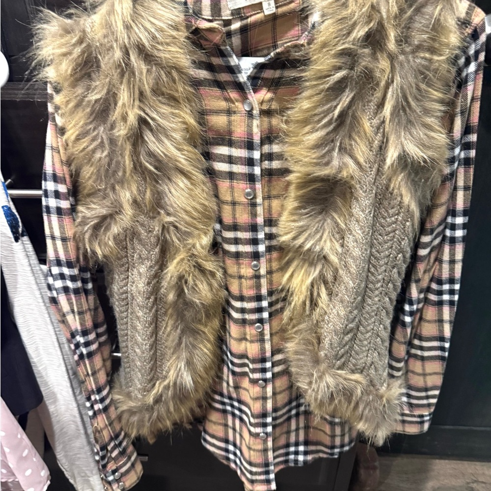 Shyanne Faux Fur Trim Cardigan - Brown and Tan